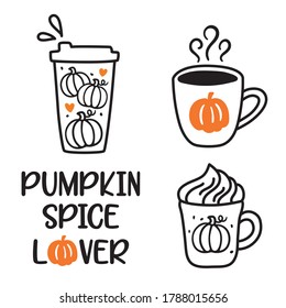 Vector illustration of pumpkin spice latte coffee cup doodles. Fall season hot coffee drinks.