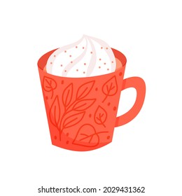 Vector illustration  - pumpkin spice latte. Autumn drink. Orange cup of pumpkin drink with cream, isolated on white background