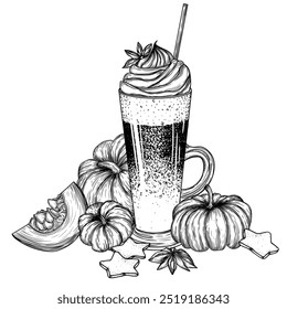 Vector illustration of pumpkin spice latte in engraving style