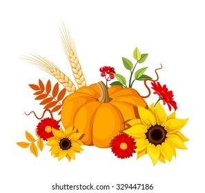 Vector illustration of a pumpkin, sunflowers, gerbera flowers and autumn leaves isolated on a white background.