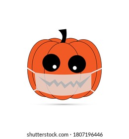 Vector illustration pumpkin wearing face mask for corona virus protection isolated on white background. Concept of new normal halloween.