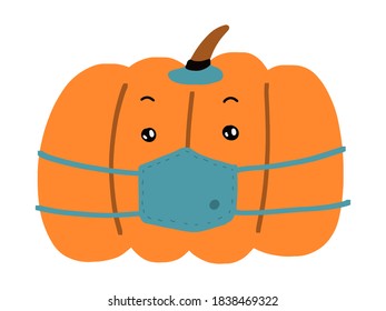Vector illustration pumpkin wearing face mask for corona virus protection isolated on white background. Concept of new normal halloween. Coronavirus outbreak concept vector illustration