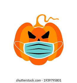 Calabaza vectorial con máscara facial para la protección del virus de la corona aislada en el fondo blanco.