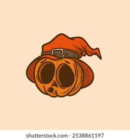 Vector illustration of a pumpkin wearing a witch's hat. Perfect for Halloween themed designs and decorations. retro, vintage, character, mascot, editable, expression, collection, clip art, sticker