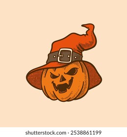 Vector illustration of a pumpkin wearing a witch's hat. Perfect for Halloween themed designs and decorations. retro, vintage, character, mascot, editable, expression, collection, clip art, sticker