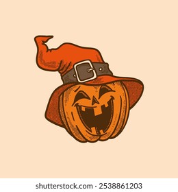 Vector illustration of a pumpkin wearing a witch's hat. Perfect for Halloween themed designs and decorations. retro, vintage, character, mascot, editable, expression, collection, clip art, sticker