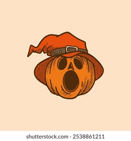 Vector illustration of a pumpkin wearing a witch's hat. Perfect for Halloween themed designs and decorations. retro, vintage, character, mascot, editable, expression, collection, clip art, sticker