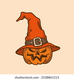 Vector illustration of a pumpkin wearing a witch's hat. Perfect for Halloween themed designs and decorations. retro, vintage, character, mascot, editable, expression, collection, clip art, sticker