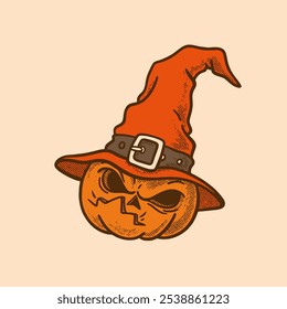 Vector illustration of a pumpkin wearing a witch's hat. Perfect for Halloween themed designs and decorations. retro, vintage, character, mascot, editable, expression, collection, clip art, sticker