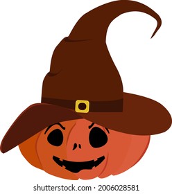 Vector illustration of a pumpkin in a witch hat for Halloween.