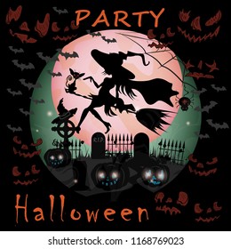 vector illustration of pumpkins and  with bats and a graveyard in the fog at night when the moon festival in October, Halloween