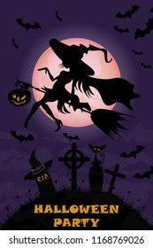 vector illustration of pumpkins and  with bats and a graveyard in the fog at night when the moon festival in October, Halloween