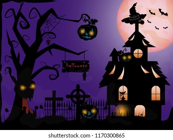 vector illustration of pumpkins and  with bats and a graveyard in the fog at night when the moon festival in October, Halloween