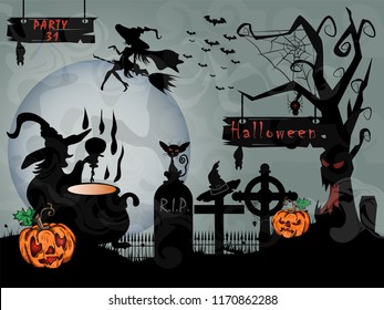 vector illustration of pumpkins and  with bats and a graveyard in the fog at night when the moon festival in October, Halloween