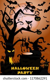 vector illustration of pumpkins and  with bats and a graveyard in the fog at night when the moon festival in October, Halloween