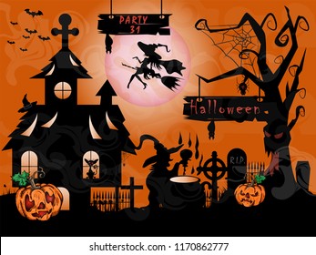 vector illustration of pumpkins and  with bats and a graveyard in the fog at night when the moon festival in October, Halloween