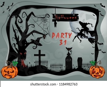 vector illustration of pumpkins and  with bats and a graveyard in the fog at night when the moon festival in October, Halloween