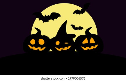 vector illustration of pumpkins and bats on the background of the moon. halloween party