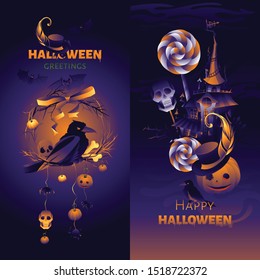 vector illustration with pumpkins, bats, raven; halloween cards