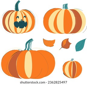 Vector illustration of pumpkins in a fun, simple, geometric style. One of them is laughing