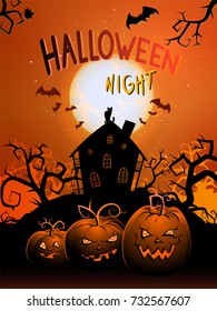 Vector illustration with pumpkins head and text Halloween Night on background with full moon, house, cat and bats. Hand drawn lettering.