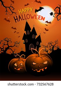 Vector illustration with pumpkins head and text Happy Halloween on background with full moon, castle and bats. Hand drawn lettering.