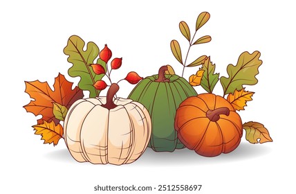 Ilustración vectorial de calabazas con hojas. Cosecha de otoño y hojas de roble, arce. Otoño cálido, concepto de día de acción de gracias.	