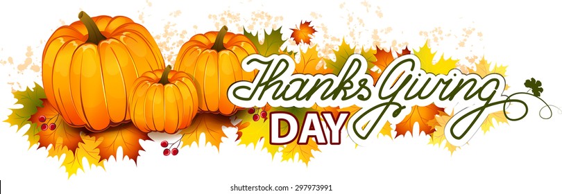 The vector illustration of pumpkins, maple leafs, red berry. It is autumn. It is Thanksgiving day.