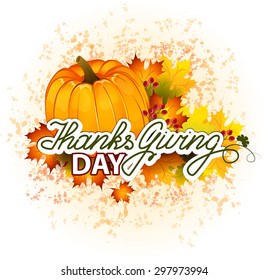 The vector illustration of pumpkins, maple leafs, red berry. It is autumn. It is Thanksgiving day.