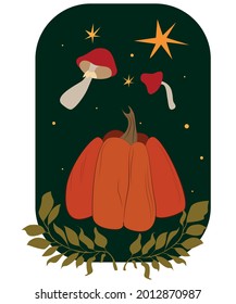 vector illustration of pumpkins and mushrooms on a starry sky background