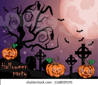 vector illustration of pumpkins and old tree with bats and a graveyard in the fog at night when the moon festival in October, Halloween