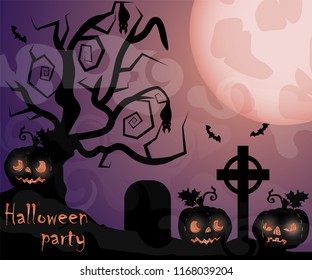 vector illustration of pumpkins and old tree with bats and a graveyard in the fog at night when the moon festival in October, Halloween