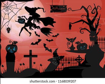 vector illustration of pumpkins and old tree with bats and a graveyard in the fog at night when the moon festival in October, Halloween