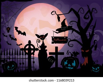 vector illustration of pumpkins and old tree with bats and a graveyard in the fog at night when the moon festival in October, Halloween