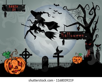 vector illustration of pumpkins and old tree with bats and a graveyard in the fog at night when the moon festival in October, Halloween