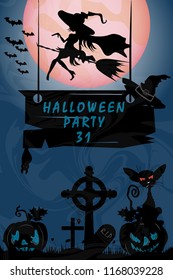 vector illustration of pumpkins and old tree with bats and a graveyard in the fog at night when the moon festival in October, Halloween