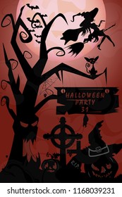 vector illustration of pumpkins and old tree with bats and a graveyard in the fog at night when the moon festival in October, Halloween