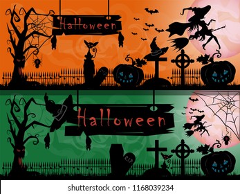 vector illustration of pumpkins and old tree with bats and a graveyard in the fog at night when the moon festival in October, Halloween