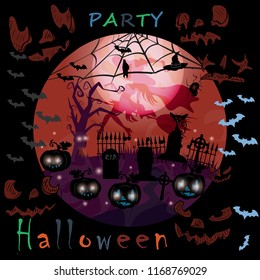 vector illustration of pumpkins and old tree with bats and a graveyard in the fog at night when the moon festival in October, Halloween