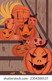 Vector illustration of pumpkins with rims on stairs, in warm colors.