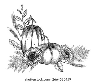 Ilustração vetorial com abóboras e girassóis para cartões comemorativos de colheita ou convites de casamento. Desenho linear de folhas de outono e plantas e ramos de outono em fundo isolado