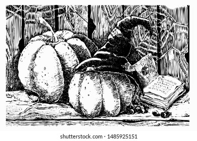 Vector illustration with pumpkins, witch hat, spider, cobweb, closet, spells, berries. Hand drawn graphic drawing for Halloween holiday design, banner, template, invitation, congratulation, postcard