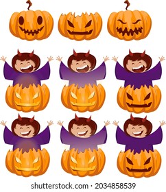 Vector illustration. Pumpkins, witch. holiday, child, autumn, October 31. horror, elements, party. decoration, outfit. drawing, faces, face. set