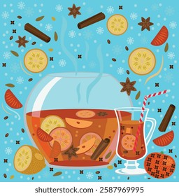 Vector illustration of punch in glass bowl and glass with fruits and spices on blue background. Punch for winter event.
