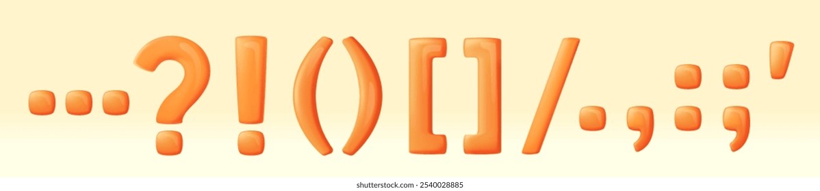 Vector illustration of punctuation marks in bold, stylized design. Includes ellipsis, question mark, exclamation point, parentheses, brackets, slashes, commas, semicolons, apostrophe in vibrant orange