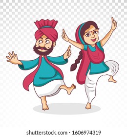 vector illustration of Punjabi couple cartoon character dancing bhangra on punjabi festival.