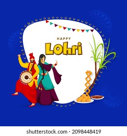 Vector Illustration Of Punjabi Couple Doing Bhangra Dance With Dhol, Sapp Instrument, Sweet Plates, Sugarcane On White And Blue Background For Happy Lohri Celebration.