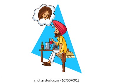 A vector illustration of Punjabi sardar male drinking in memory of his better half