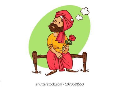 a vector illustration of Punjabi sardar man sitting on a bed with a rose in hand thinking