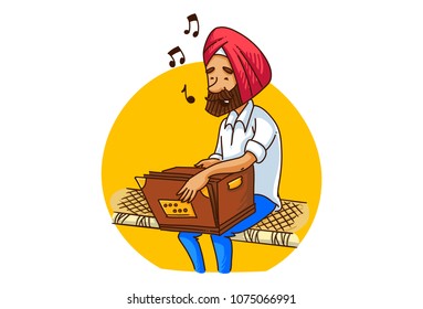 A Vector Illustration Of A Punjabi Sardar Man Playing Harmonium On Bed